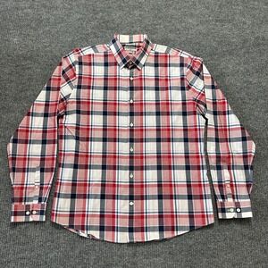 Express Fitted Mens Button Up Shirt XL 17-17.5 Red Plaid 100% Cotton Long Sleeve